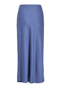 Jupe maxi en finition satinée lisse ; couleur bleu clair unie ; design simple sans motifs ni embellissements.