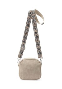 Beige Kunstleder Umhängetasche in rechteckiger Form, mit einem gestickten Tragegurt in Blau, Orange und Creme mit floralen Mustern.