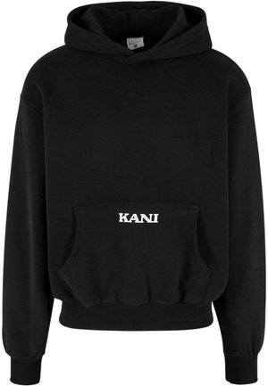 Black hooded sweatshirt made of cotton blend, featuring a front pocket and white lettering "KANI" on the pocket. Ribbed hem and cuffs.