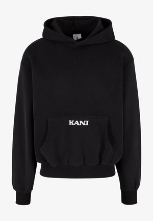 Sudadera con capucha negra hecha de una mezcla de algodón, con un bolsillo frontal y letras blancas "KANI" en el bolsillo. Puños y dobladillo acanalados.
