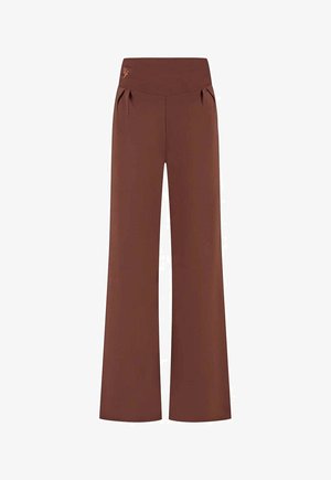 Pantalon à jambes larges en tissu brun riche avec une ceinture haute, présentant des plis latéraux et une broderie discrète du logo. Texture lisse sur toute la surface.