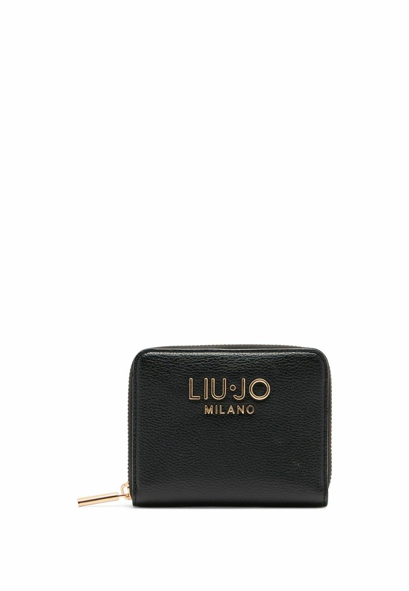 Schwarze Lederbörse mit strukturiertem Oberflächen, goldenen Beschlägen und einem Reißverschluss. Auf der Vorderseite befindet sich das "LIUJO MILANO"-Logo.