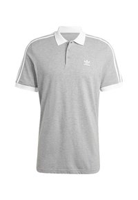 Graues Polohemd mit weißem Kragen und Manschetten, ausgestattet mit drei weißen Streifen an jeder Schulter und einem kleinen weißen Logo auf der Brust.