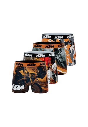 Quatre paires de boxers pour hommes avec la marque KTM, présentant des imprimés dynamiques en orange, noir et gris, mettant en avant des thèmes et motifs de moto.