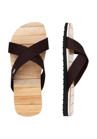 Brown fabric cross straps over a light wooden footbed, with a black rubber sole. Features a smooth texture and flat design.