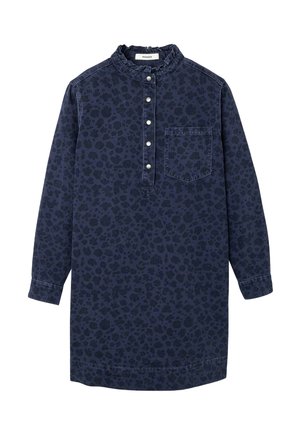 Robe chemise en denim bleu marine avec manches longues, col volanté, patte de bouton, poche poitrine et motif léopard noir.