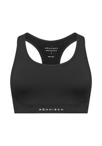 Sujeción deportiva negra hecha de material elástico. Presenta un diseño de espalda nadadora y un logo blanco en la parte delantera. Textura suave, forma ajustada.