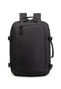 Black backpack with padded exterior, adjustable straps, two zippered compartments, and side handle. Smooth texture and minimalistic design.