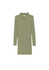 Langarmige jurk in olijfgroen geribbeld stof met een kraag, knopenlijst en een rechte pasvorm, met een knielange snit.