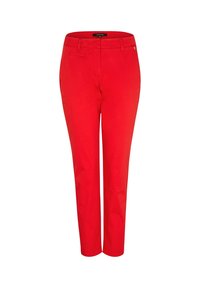 Pantalon rouge en coton. Design ajusté avec une jambe droite, doté de poches avant et d'une fermeture éclair.