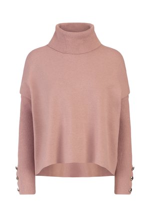 Pull à col roulé rose avec une coupe ample, des manches côtelées et des boutons décoratifs aux poignets. Texture douce et design décontracté.