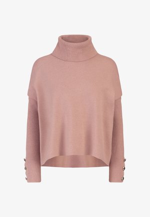 Pull à col roulé rose avec une coupe ample, des manches côtelées et des boutons décoratifs aux poignets. Texture douce et design décontracté.