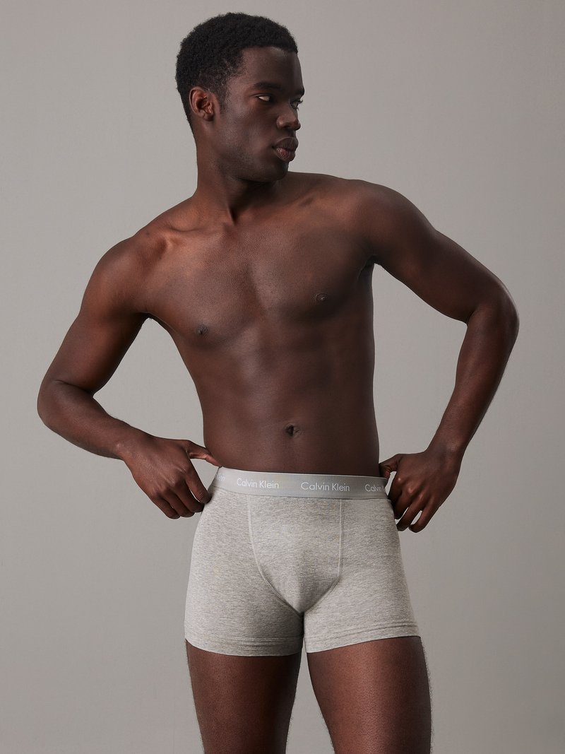 Grijze boxer briefs met een Calvin Klein-logo op de tailleband, zachte stof, aansluitend ontwerp, platte naden en een gladde textuur.