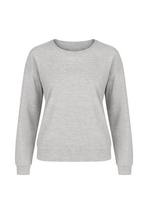 Jasnoszara bluza z długim rękawem i okrągłym dekoltem. Wykonana z miękkiego materiału, o luźnym kroju, z prążkowanymi ściągaczami przy rękawach i na dole.