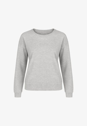 Lichtgrijze trui met lange mouwen en een ronde hals. Gemaakt van zachte stof, met een relaxte pasvorm en geribbelde boorden aan de mouwen en zoom.
