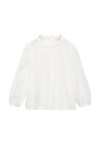 Weiße Bluse mit langen Ärmeln und rundem Halsausschnitt, die an der Vorderseite mit Spitzendetails verziert und an den Bündchen gerafft ist. Hergestellt aus leichtem Stoff.