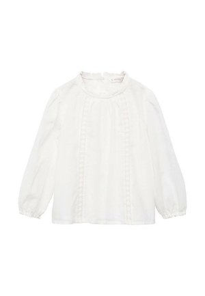 Weiße Bluse mit langen Ärmeln und rundem Halsausschnitt, die an der Vorderseite mit Spitzendetails verziert und an den Bündchen gerafft ist. Hergestellt aus leichtem Stoff.