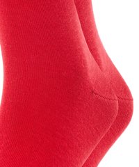 Rote Baumwollsocken mit glatter Textur, die eine körpernahe Form und verstärkte Zehen- und Fersenbereiche aufweisen.