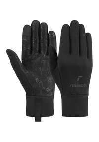 Gants noirs avec prise texturée sur les paumes, tissu lisse sur le dos, poignets renforcés et logo sur le côté inférieur. Conçus pour une utilisation en extérieur.