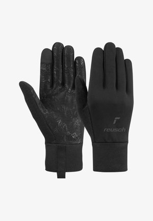 Schwarze Handschuhe mit strukturiertem Griff an den Handflächen, glattem Stoff auf der Rückseite, verstärkten Bündchen und einem Logo an der Unterseite. Für den Außeneinsatz konzipiert.