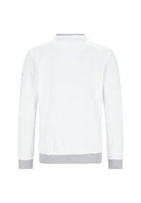 Weißes Langarmhemd aus strukturiertem Stoff, mit grauen Manschettenelementen und hohem Kragen. Besitzt ein schlichtes Design ohne sichtbare Hardware.