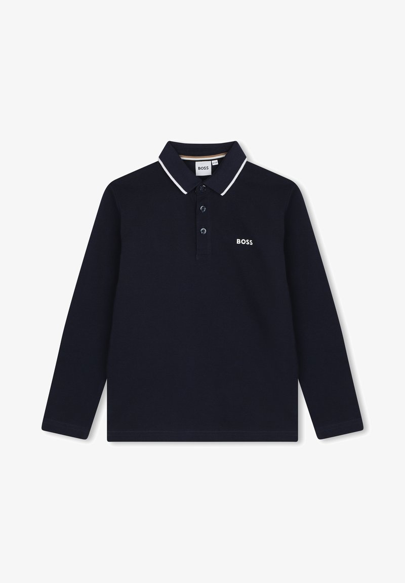 Polo à manches longues bleu marine en coton, avec un col classique à bord blanc et une patte de boutonnage à trois boutons, et un petit logo.