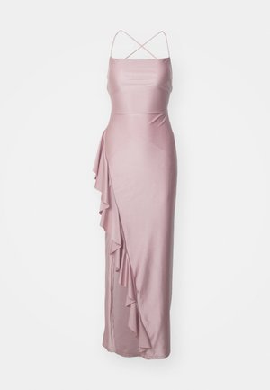 Long, fitted pink satin dress with spaghetti straps, a side ruffle detail, and a smooth texture. Classic design for formal wear.