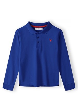 Polo bleu roi à manches longues avec trois boutons et logo cerf rouge brodé sur la poitrine gauche.