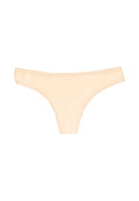 Perizoma in cotone beige con una texture liscia, copertura minimale e design senza cuciture. Caratterizzato da una morbida vita elastica e bordi.