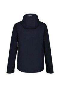 Navy blue waterproof jacket with a hood, featuring a smooth texture, long sleeves, and stitched seams. Logo displayed on the back neckline.