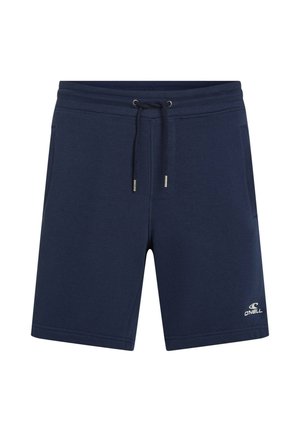 Shorts en coton bleu marine avec une taille élastique, fermeture à cordon, poches latérales et logo blanc sur le bas de la jambe gauche.
