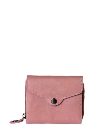 Portafoglio in pelle rosa con chiusura a scatto e zip perimetrale. Presenta una superficie liscia e dettagli di cucitura discreti.