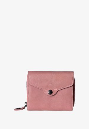Pink leather wallet with a snap closure and zip-around design. Features smooth texture and subtle stitching details.