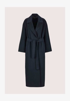 Dunkelblauer Wollmantel mit einem Schalkragen, langen Ärmeln, einem Gürtel in der Taille und Seitentaschen, knielang und mit weicher Textur.