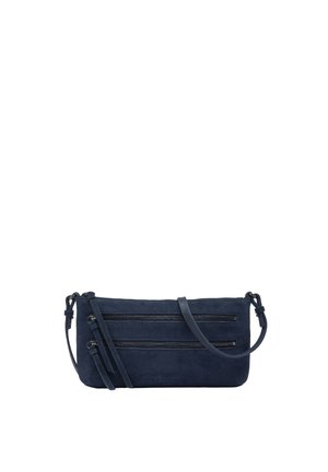 Marineblaue Wildleder-Crossbody-Tasche mit zwei vorderen horizontalen Reißverschlusstaschen und verstellbarem Schulterriemen.