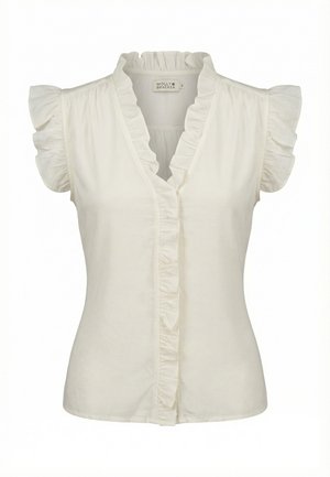 Blusa blanca sin mangas con cuello y bordes de las mangas con volantes, ajuste entallado, escote en V y tapeta de botones en la parte delantera, talla pequeña según etiqueta.