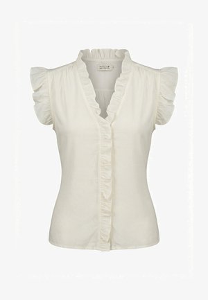 Blusa blanca sin mangas con cuello y bordes de las mangas con volantes, ajuste entallado, escote en V y tapeta de botones en la parte delantera, talla pequeña según etiqueta.