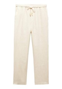 Beige volné kalhoty s elastickým pasem a stahovací šňůrkou, rovný střih nohavic a boční kapsy, vystavené na bílém pozadí.