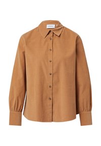 Camicia marrone con bottoni realizzata in tessuto testurizzato, caratterizzata da un colletto classico, maniche lunghe con polsini elastici e chiusura frontale a bottoni.