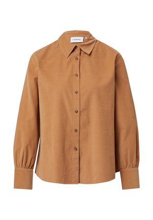 Braunes Hemd mit Knopfleiste aus strukturiertem Stoff, mit klassischem Kragen, langen Ärmeln mit elastischen Bündchen und vorderer Knopfverschluss.