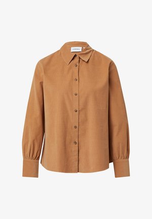 Braunes Hemd mit Knopfleiste aus strukturiertem Stoff, mit klassischem Kragen, langen Ärmeln mit elastischen Bündchen und vorderer Knopfverschluss.