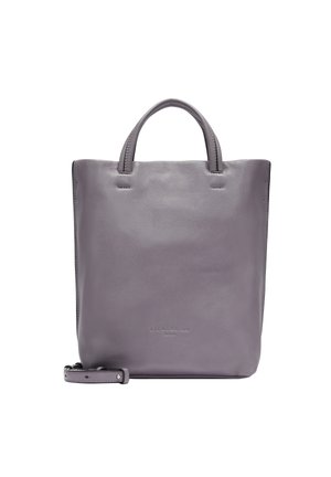Graue Leder-Tote-Tasche mit zwei kurzen Griffen, einer weichen Textur und einem minimalistischen Design. Enthält einen abnehmbaren Riemen für Vielseitigkeit.