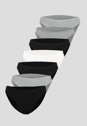 Septynios moteriškų bikini stiliaus apatinės kelnaitės poros, spalvomis juoda, pilka ir balta, išdėstytos suskirstytomis vertikaliomis juostomis.