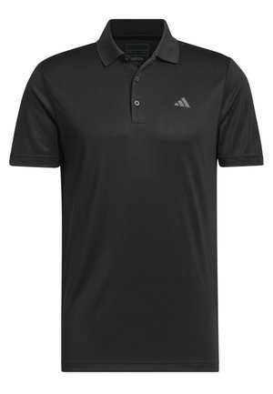 Musta polo-paita, joka on valmistettu sileästä kankaasta. Paidassa on klassinen kaulus, kolme napinläpeä ja huomaamaton harmaa Adidas-logo vasemmassa rinnassa.