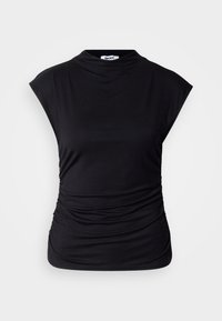 Top preto sem mangas com gola alta, laterais franzidas e tecido suave. Design simples sem logótipos ou padrões visíveis.