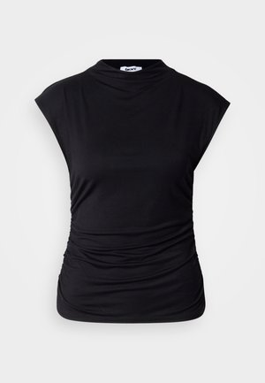 Top negru fără mâneci, cu guler înalt, părți dantelate și țesătură netedă. Design simplu fără logo-uri sau modele vizibile.