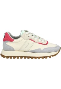 Bílé a šedé tenisky s růžovými a mátovými akcenty, s kůží a semišovým svrškem, kulatou špičkou a texturovanou gumovou podrážkou.