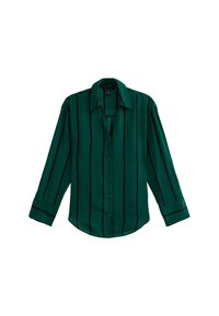 Groene lange mouw shirt met verticale zwarte strepen, knoopsluiting aan de voorkant, klassieke kraag en geborduurde mouwen, gemaakt van soepele stof.