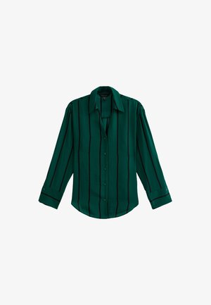 Camicia verde a maniche lunghe con righe verticali nere, chiusura a bottoni, colletto classico e maniche con polsini, realizzata in tessuto morbido.
