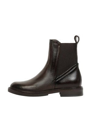 Bottine en cuir noire avec panneau élastique latéral et languette, semelle plate et petit talon, vue de côté extérieur.